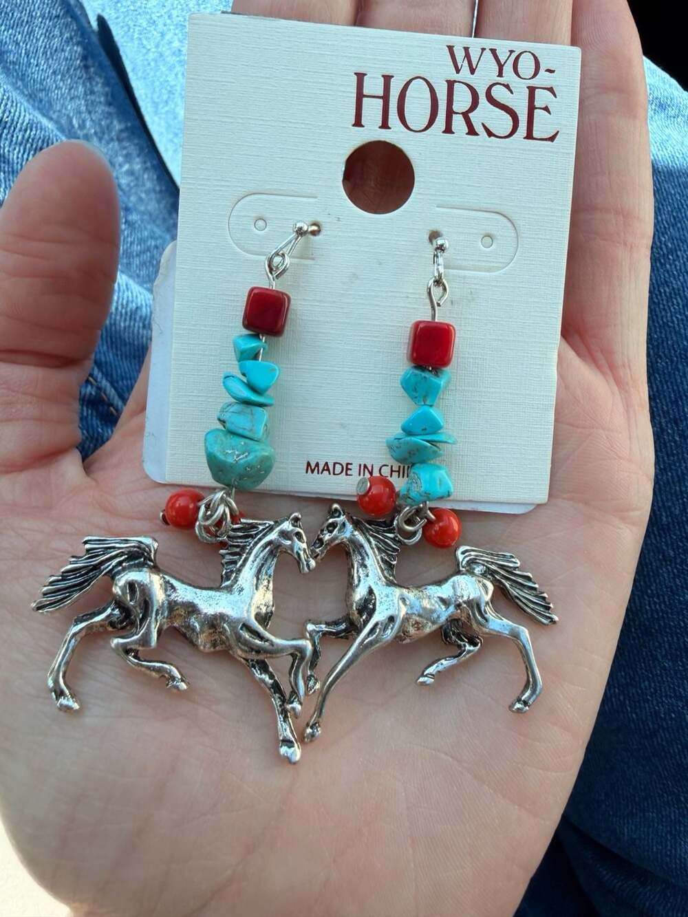 Silver Western Cowgirl Horse Drop Earrings with Turquoise and Coral Stone Beads
